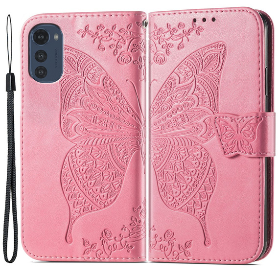 Etui z klapką do Motorola Moto E32 4G, Butterfly, różowe