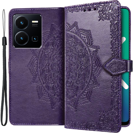 Etui z klapką do Vivo Y35 4G, Mandala, ciemnofioletowe