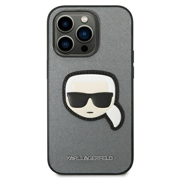 Etui Karl Lagerfeld do iPhone 14 Pro, Saffiano Karl's Head Patch, srebrne