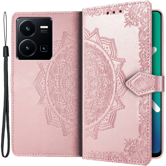 Etui z klapką do Vivo Y35 4G, Mandala, różowe rose gold