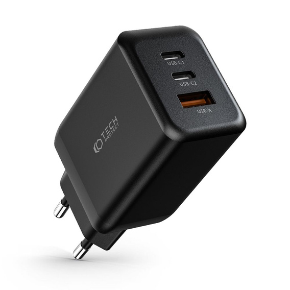 Tech-Protect C65W Uniwersalna Ładowarka Sieciowa QC 3.0 2x USB-C 1x USB, Czarna