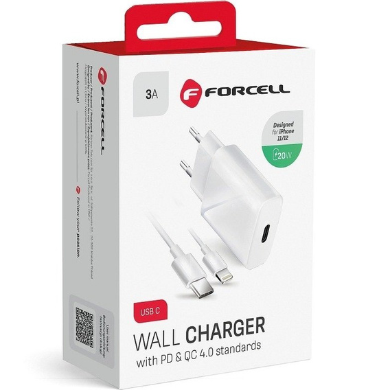 Forcell Ładowarka Sieciowa 20W PD/QC4.0 + Kabel Type-C - Lightning, White