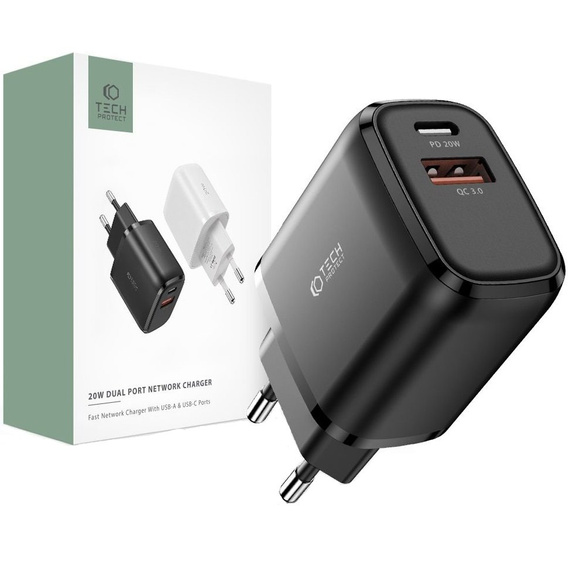 Tech-Protect C20W QC3.0 Uniwersalna Ładowarka Sieciowa USB-A USB-C, Black