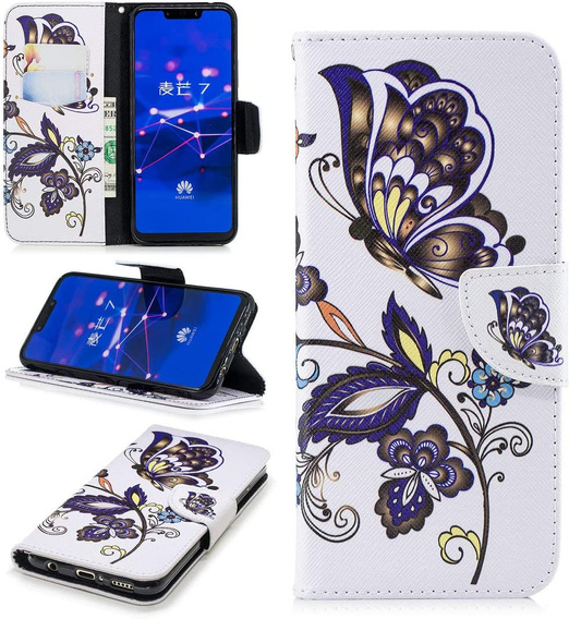 Etui z klapką do Huawei Y5 2018, Wallet, Butterfly & Flower białe