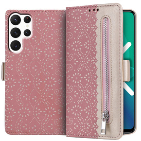 Etui Wallet do Samsung Galaxy S22 Ultra 5G, Zipper Lace, Pink