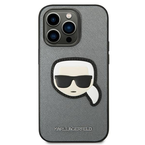 Etui Karl Lagerfeld do iPhone 14 Pro Max, Saffiano Karl's Head Patch, srebrne