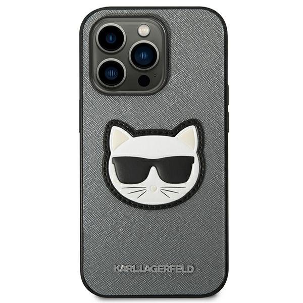 Etui Karl Lagerfeld do iPhone 14 Pro, Saffiano Choupette Head Patch, srebrne