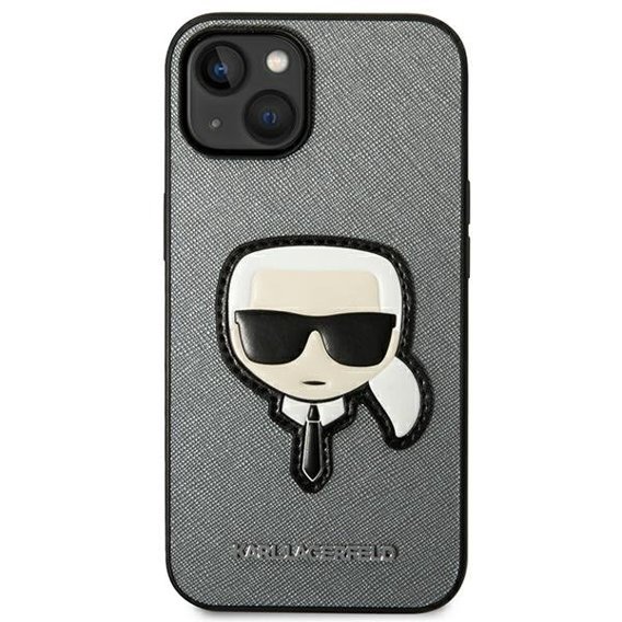 Etui Karl Lagerfeld do iPhone 14, Saffiano Karl's Head Patch, srebrne