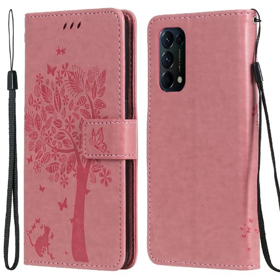 Etui Wallet do Oppo Reno5 5G, Tree and Cat, Pink