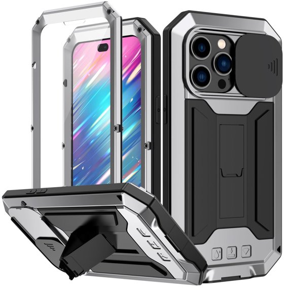 Etui do iPhone 14 Pro, R-JUST CamShield Slide, pancerne, srebrne / czarne