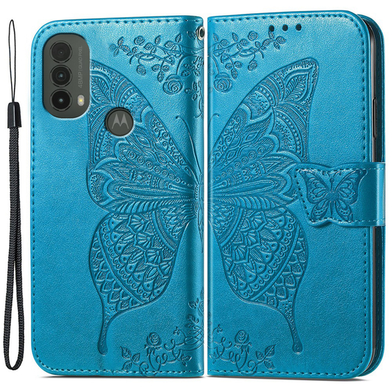 Etui z klapką do Motorola Moto E40/E30/E20, Butterfly, niebieskie