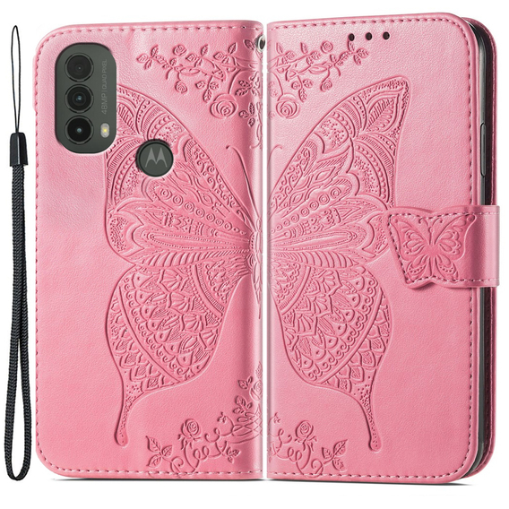 Etui z klapką do Motorola Moto E40/E30/E20, Butterfly, różowe