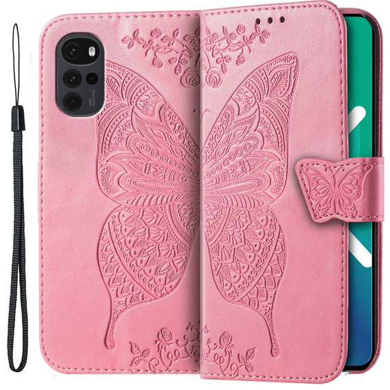 Etui z klapką do Motorola Moto G22, Butterfly, różowe