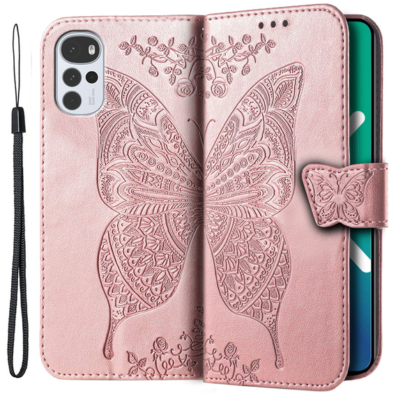 Etui z klapką do Motorola Moto G22, Butterfly, różowe rose gold