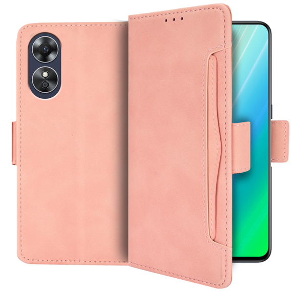 Etui z klapką do Oppo A17, Card Slot, różowe