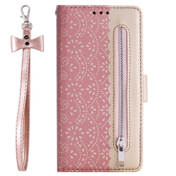 Etui z klapką do Samsung Galaxy A51, Wallet Pocket Zipper Lace, różowe